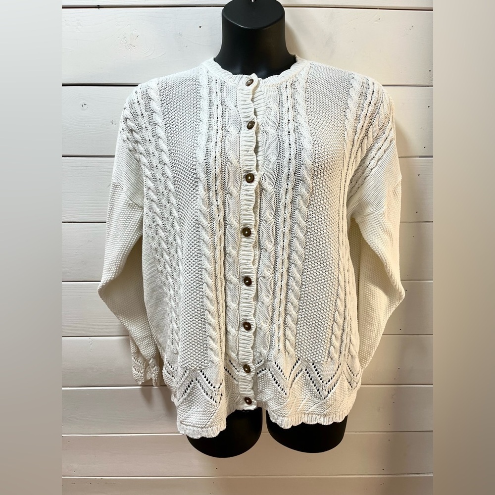 COTTON ROAD VINTAGE – White Cable Knit Cardigan – Oversized L - Picture 2 of 12